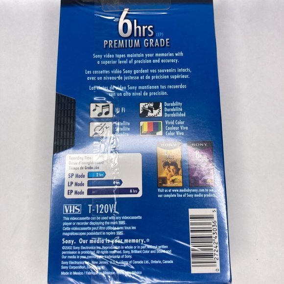 New 5-Pack Sony Premium Grade Blank VHS Video‎ Tapes 6hrs T-120 + BONUS Tape - Picture 2 of 4